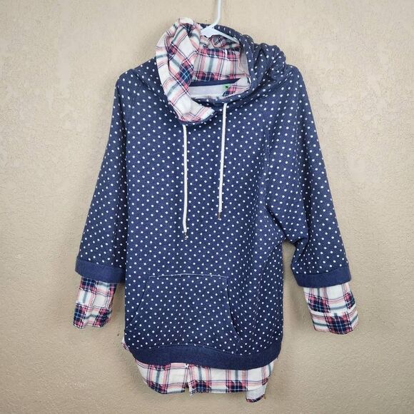 Honeydew USA Tops - Honeydew White Polka Dot Hoodie with Plaid Trim Size Large (3667CL)